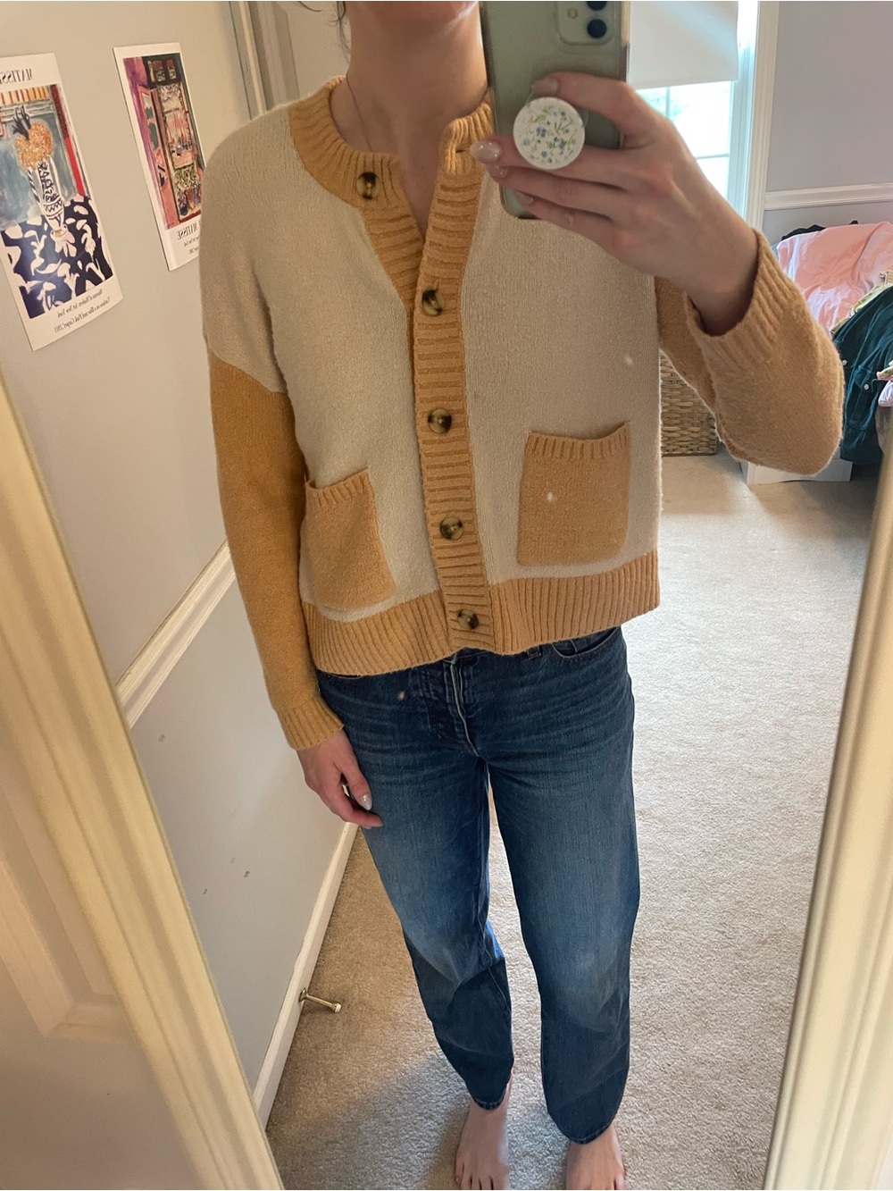 Madewell Wool Cream Colorblock Button Cardigan
